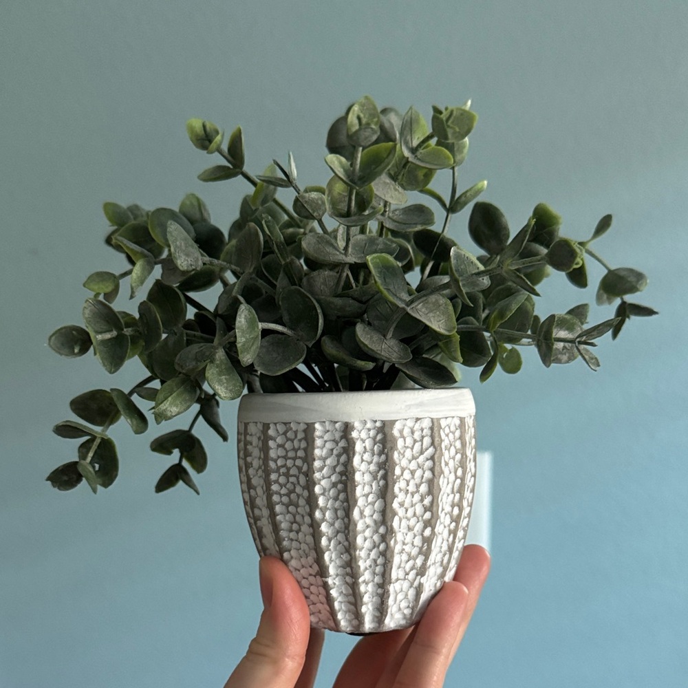 Green Faux Plant in Textured White Pot